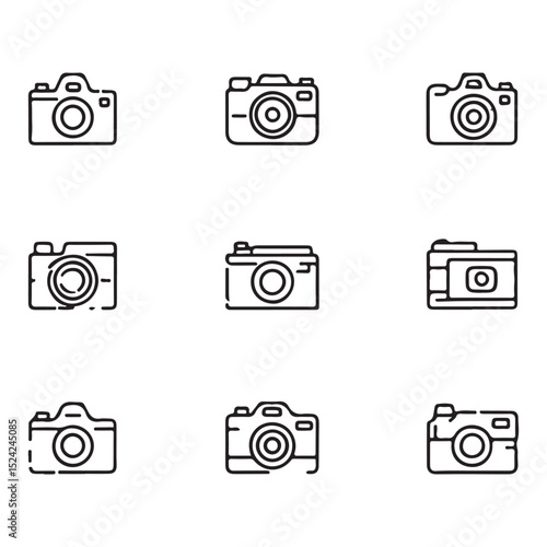 Collection of nine simple black and white line art camera icons for design projects