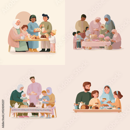 Illustration of diverse families enjoying warm mealtime together, symbolizing togetherness, cultural celebration, and traditional sharing moments.

