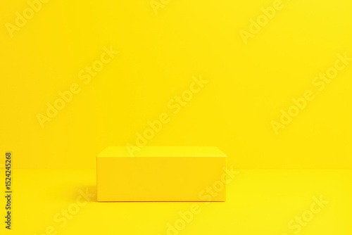 Minimalist yellow box sits on matching yellow background, creating vibrant and monochromatic scene. simplicity and bold color evoke sense of modernity and creativity