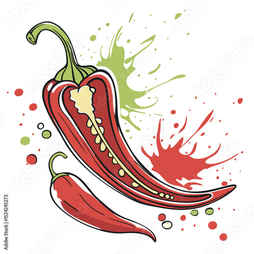 Red chili peppers illustration spicy food ingredient cooking recipe hot pepper vector drawing artwork
