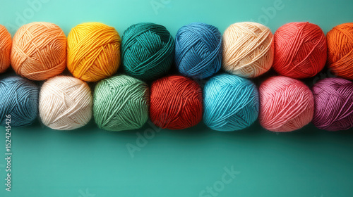 Set of colorful embroidery floss and needlework tools laid out on light green background.  