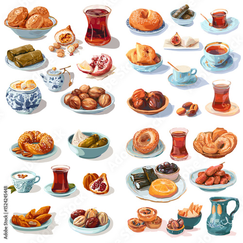 Traditional Turkish breakfast items with tea, bread, olives, and sweets in hand-painted style, perfect for culinary content, food blogs, and cultural design.

