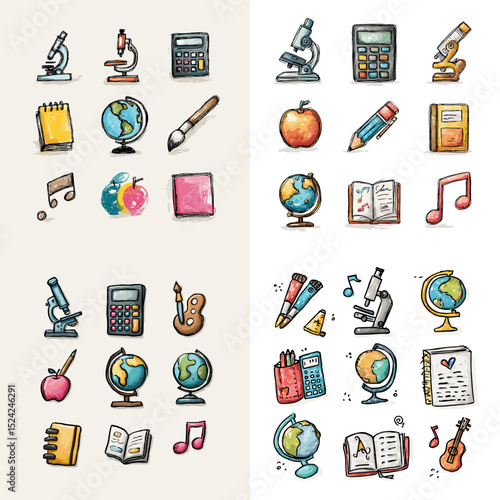 Fun and colorful doodle icons representing school subjects and education tools, including globes, books, calculators, and art supplies. Great for educational content.

