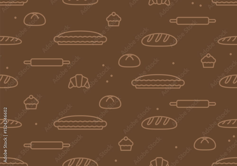 Seamless pattern with bread, pastry, croissant, cake. Sseamless pattern with bakery elements. Seamless pattern of bread and bakery products. Baked goods background. Vector illustration Seamless pattern with bread, pastry, croissant, cake. Sseamless pattern with bakery elements. Seamless pattern of bread and bakery products. Baked goods background. Vector illustration
