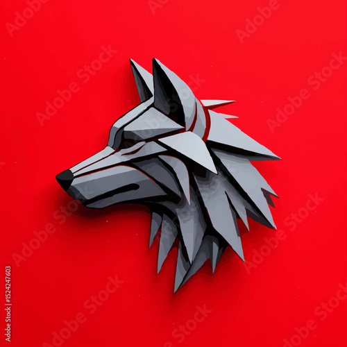 Geometric Wolf Head Stares Intensely on Red Background

