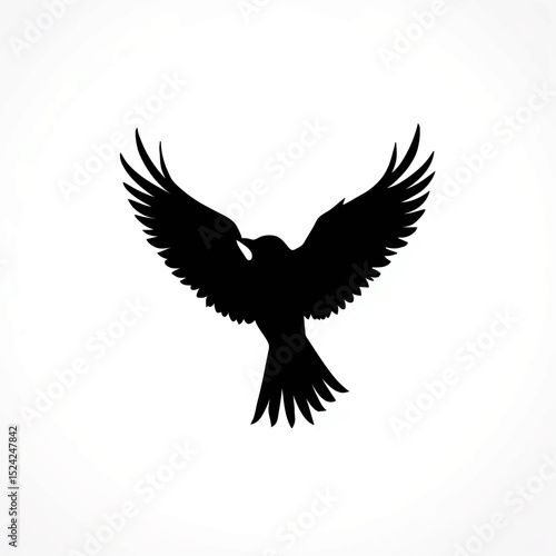 Abstract Black Bird Flies Freely on White Backdrop

