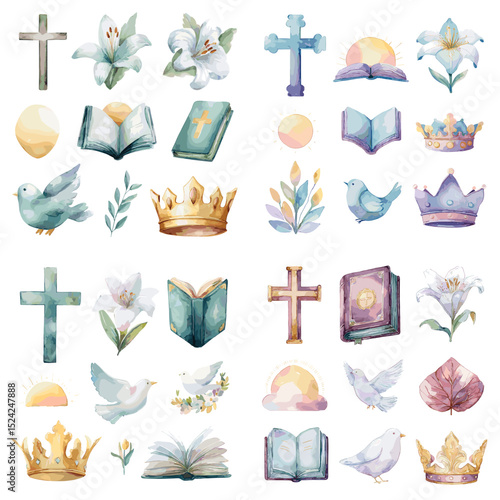 Faith-based watercolor elements including crosses, doves, bibles, crowns, lilies, and suns. Ideal for Christian-themed designs, Easter, worship, and spiritual artwork.

