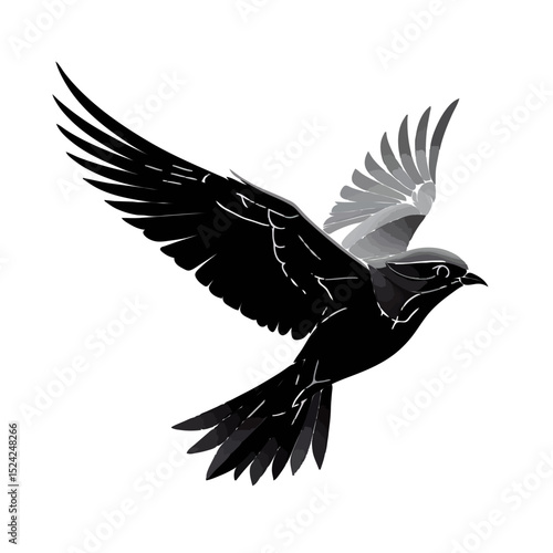 Abstract Black Bird Flies Freely on White Backdrop

