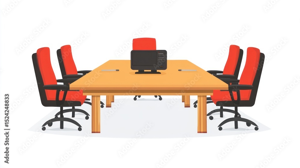 Fototapeta premium Conference room setup Long table, red/black chairs, monitor on center