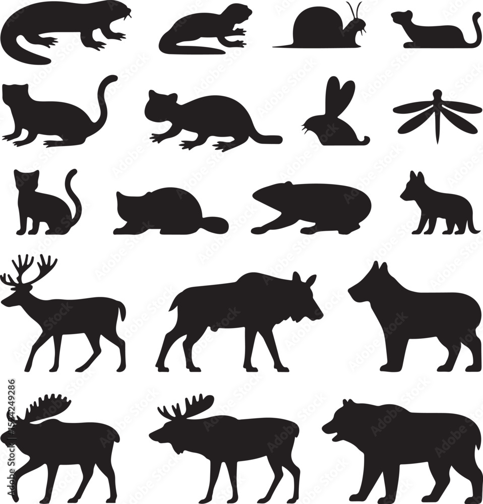 Fototapeta premium Mountain Deer Standing on Cliff SilhouetteMajestic Stag in the Alpine Forest VectorMountain Deer in Morning Fog Silhouette ArtDeer with Antlers Overlooking Peaks VectorWildlife Deer Scene in M