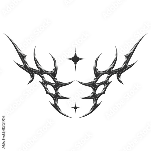 3d chrome metal of y2k tribal sigilism tatto. Flame shape in liquid mercury. 3d illustration of abstract neo tribal cyber sigil metallic melted modern burn form, design element. 3D Illustration