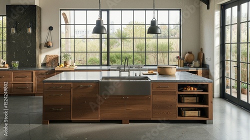 Modern kitchen interior design with open space and large windows showcasing natural light and greenery