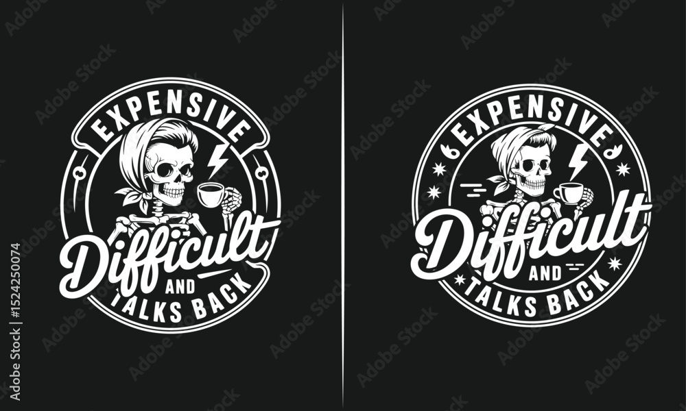 Obraz premium Funny 'Expensive, Difficult, and Talks Back' Design with Skeleton, Lightning Bolt, and Coffee Cup