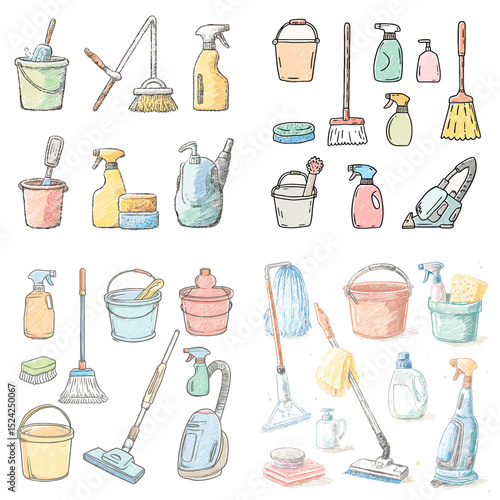 Hand-drawn pastel illustration set of cleaning tools including mops, brooms, vacuums, spray bottles, buckets, and detergent. Ideal for hygiene and home care visuals.

