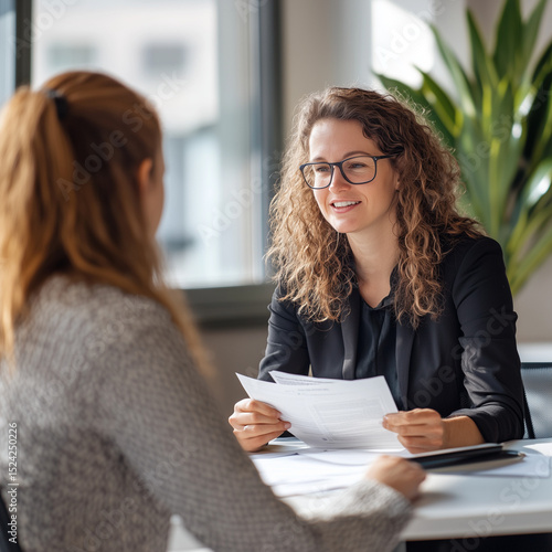 A realistic photo of a modern, friendly office setting. 2 people in interview attire are sitting around a desk, face to face interview a work topic. They are focused, engaged