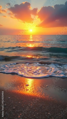 Serene beach at sunset, golden light reflecting on calm ocean waves, soft sand, tranquil scene, perfect for relaxation and travel themes , landscape, vacation, sky