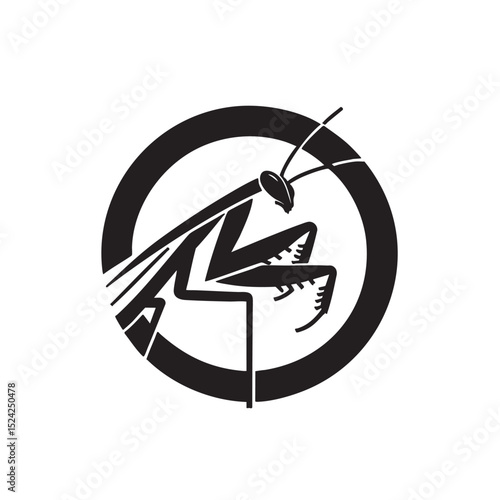 Praying Mantis Insect Logo Design Elegant Black and White Circular Icon
