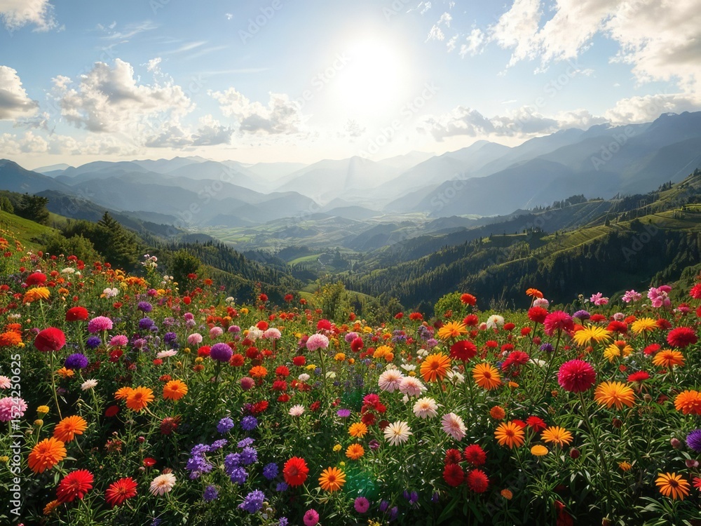 Fototapeta premium Sun-Drenched Hillside Flower Garden Oasis