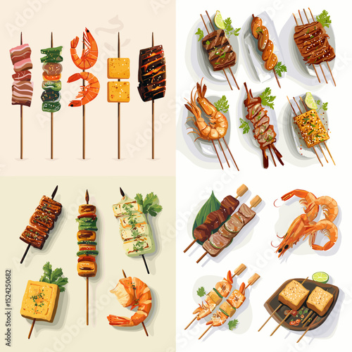 Appetizing illustration set of grilled skewers, yakitori, seafood, meat, and tofu on sticks. Perfect for Japanese food, BBQ menus, or culinary content.


