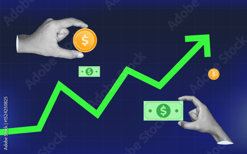 halftone collage, Financial growth with green upward arrow, money, and hands holding money. investment, profit increase, business success, and economic strategy
