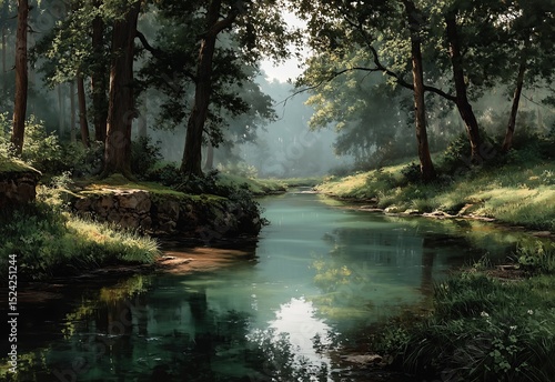 A calm river flows through a green forest.
