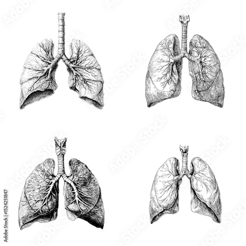Detailed vintage-style anatomical drawings of human lungs in black ink. Ideal for medical, biology, anatomy, or educational projects and publications.

