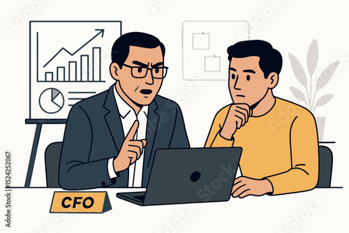 CFO discussing financial figures seriously with colleague over laptop in office flat vector illustration