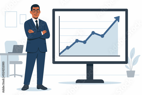 CFO standing confidently beside screen showing market trends in corporate office flat vector illustration