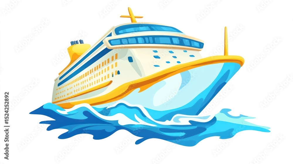 Naklejka premium Cartoon cruise ship sailing on blue waves, vibrant and isolated