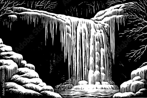 Black and white sketch vector of a frozen waterfall cascading down a cliff of icicles