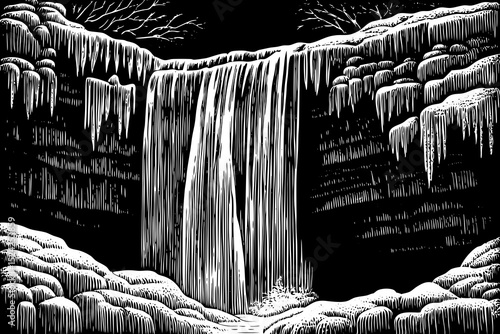 Black and white sketch vector of a frozen waterfall cascading down a cliff of icicles