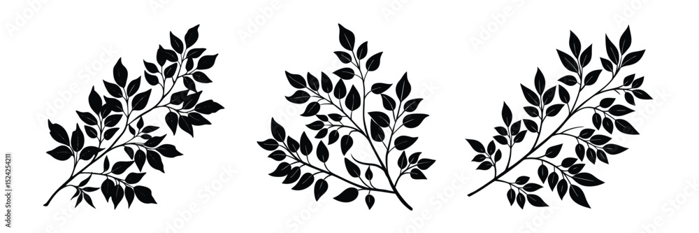 Fototapeta premium Black leaf branch vector illustration foliage plant silhouette botanical nature design element isolated on white 