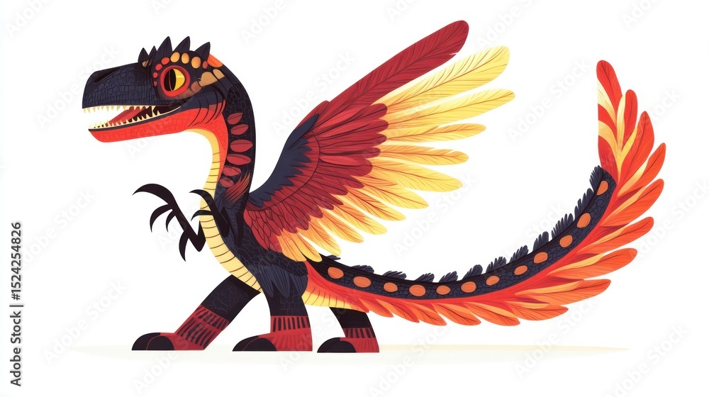 Obraz premium Cartoonish feathered dinosaur, red and yellow plumage, walking on white