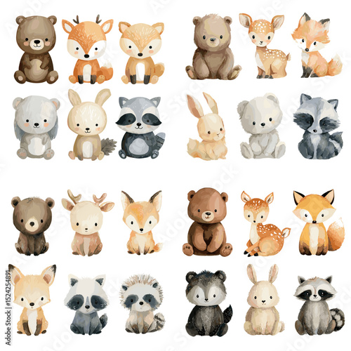 Adorable watercolor baby animals including bear, fox, deer, rabbit, and raccoon. Hand-painted woodland creatures perfect for nursery and kids' illustrations.

