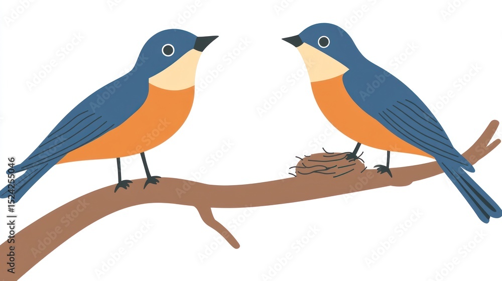 Obraz premium Two blue birds on a branch with a nest