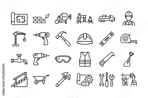 Construction and Engineering Line Icons Set. Tools, Equipment, and Safety Vector illustration. Easily changes to any color