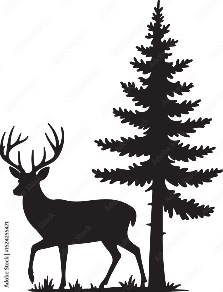 Obraz premium Mountain Deer Silhouette Vector DesignMajestic Deer in Forest Landscape ClipartRustic Wildlife Scene – Deer and MountainsAntlered Stag with Mountain Backdrop VectorDeer in Nature – Wildlife Si