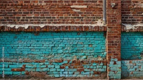 Aged red brick wall texture with an old wooden door and weathered brown planks