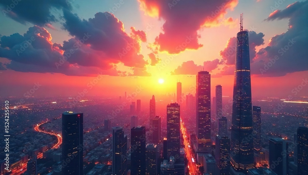 Fototapeta premium A futuristic city skyline at sunset, gleaming skyscrapers reaching towards a vibrant, hopeful sky The image conveys a sense of progress and optimistic advancement , innovation, sunset