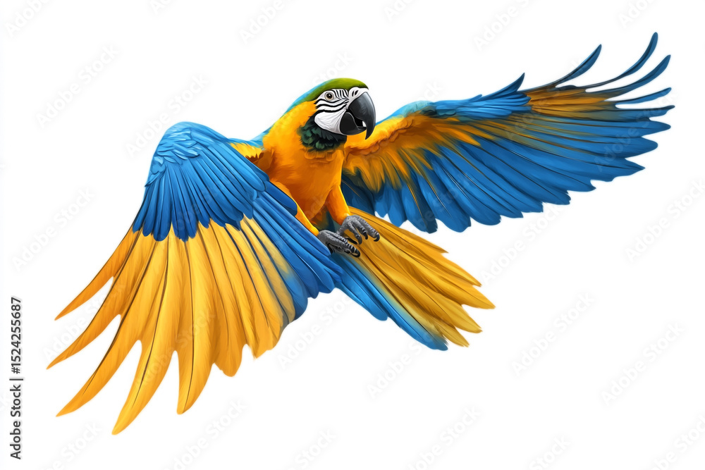 Fototapeta premium A vibrant blue and yellow macaw in mid-flight, wings outstretched, against a white background, showcasing its stunning plumage.