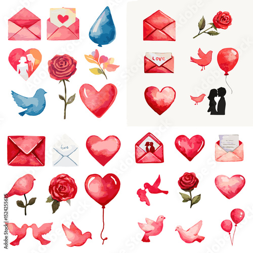 Romantic watercolor love-themed set including hearts, roses, doves, letters, and balloons. Hand-painted Valentine’s elements for greeting cards and decorations.

