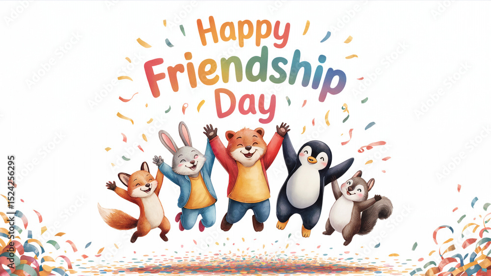 Naklejka premium Cheerful Cartoon Animals Celebrating Happy Friendship Day with Confetti on White Background Illustration