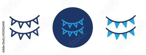 Set of 5 pixel perfect colored String flag party icon with 1 unexpanded, 1 silhouette, String of colorful flags representing festive or party decorations.