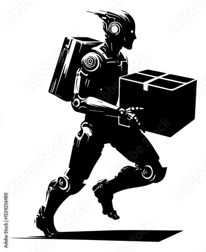 A black and white silhouette of a robot running with a box on a white isolated background. Vector graphics. EPS.