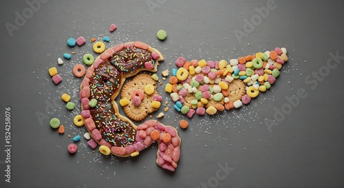 A unique cookie and candy artwork of a pancreas showcases insulin resistance through vibrant colors and playful shapes to promote diabetes awareness.