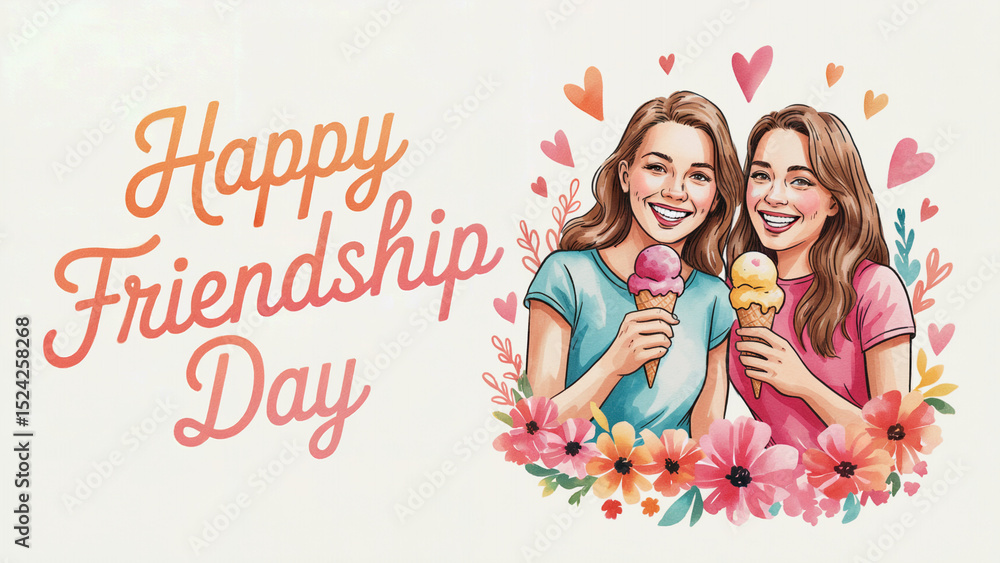 Happy Friendship Day Illustration Two Smiling Girls Enjoying Ice Cream Surrounded by Flowers and Hearts Happy Friendship Day Illustration Two Smiling Girls Enjoying Ice Cream Surrounded by Flowers and Hearts