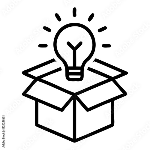 A lightbulb shining above an open box suggests thinking outside the box concept on transparent background