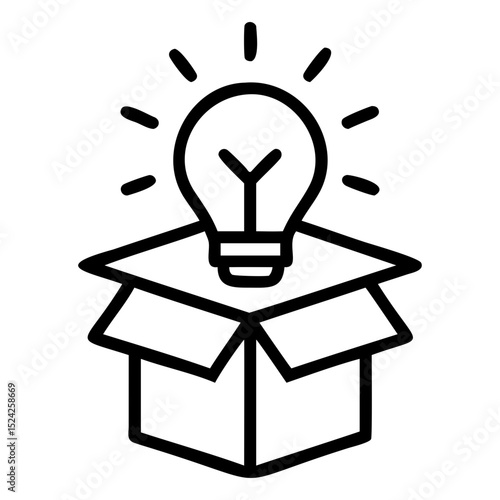 A lightbulb emitting light rays placed on top of an open cardboard box outline art on transparent background