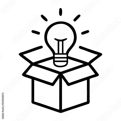 Lightbulb shining above an open box suggesting innovation and thinking outside box on transparent background