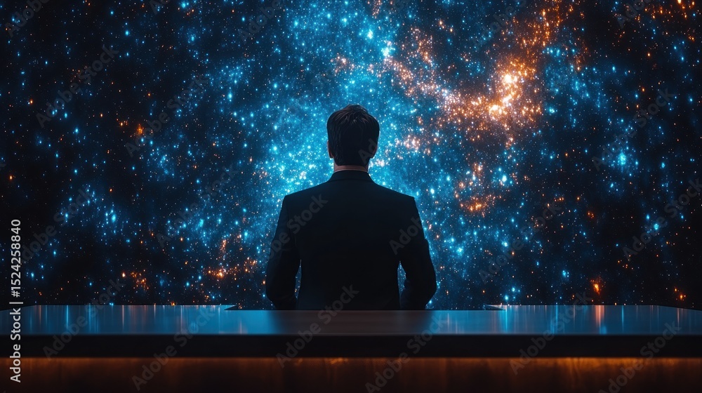 Fototapeta premium Man in suit observes colorful nebula from control room